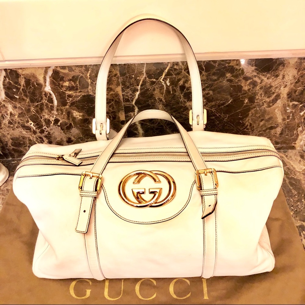 GUCCI- Large White Leather Satchel-Travel Bag